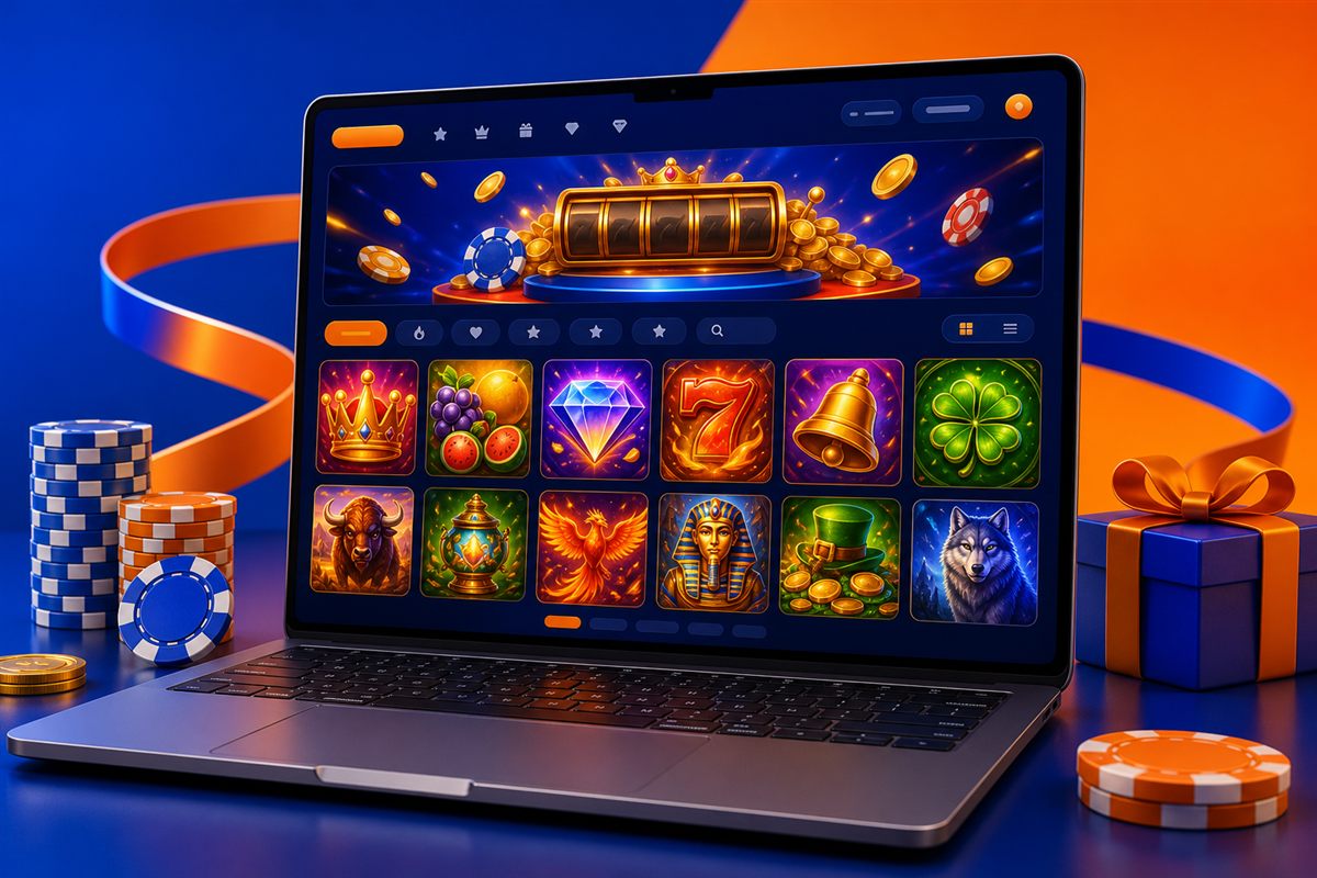 Laptop showing a slot lobby with a jackpot counter