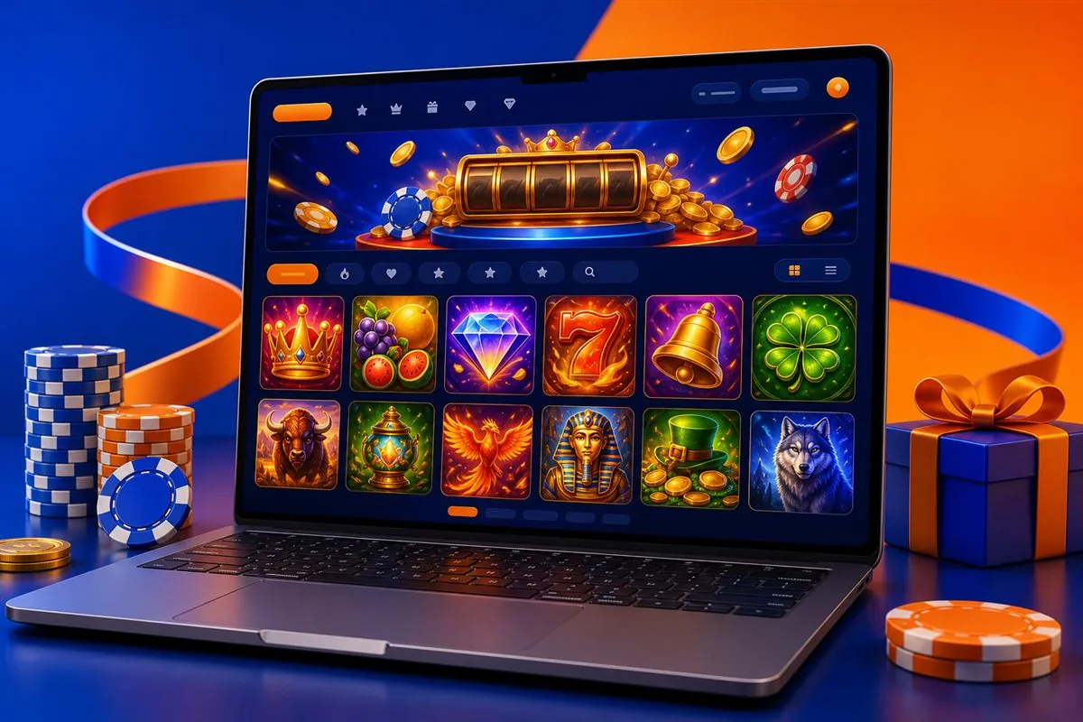 Laptop showing a slot lobby with a jackpot counter